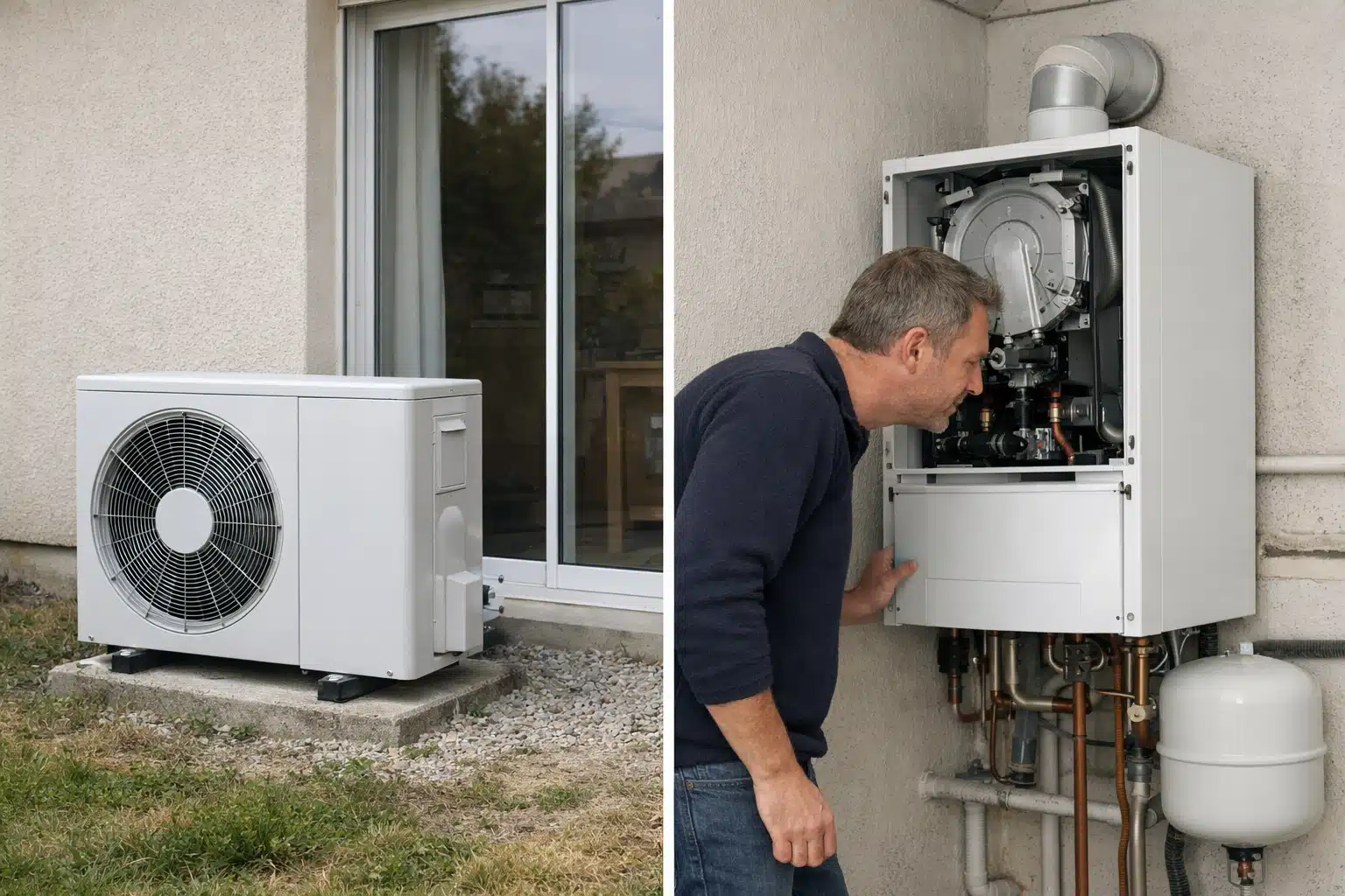 Technicien inspectant une unité de chauffage extérieur.