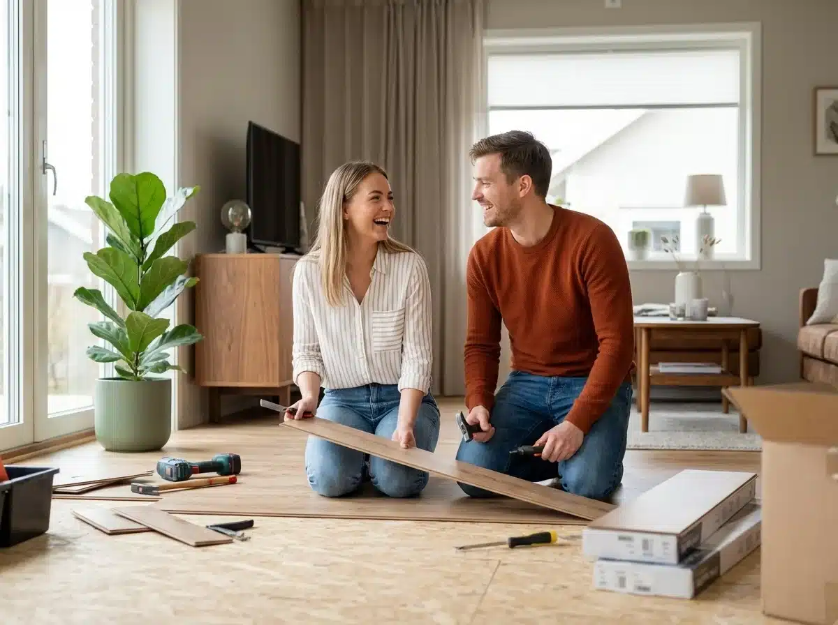 Couple souriant posant un parquet