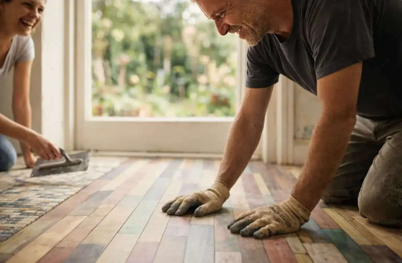 Deux personnes souriantes posant un parquet collé