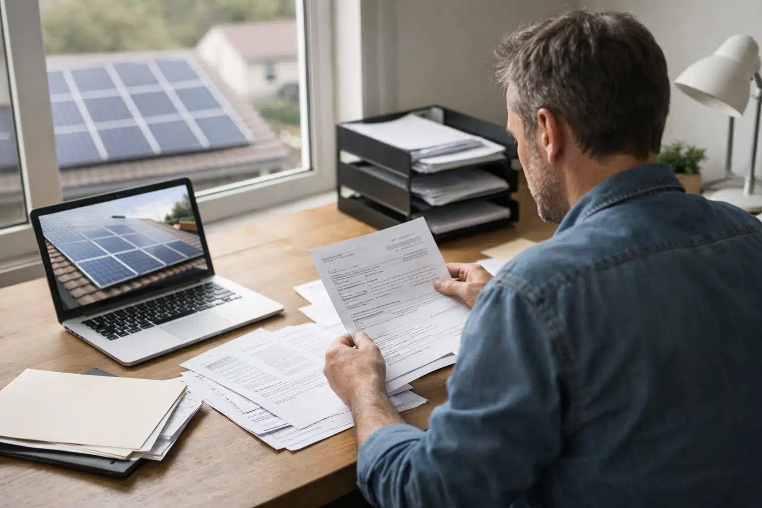 Homme examinant des factures avec panneaux solaires visibles