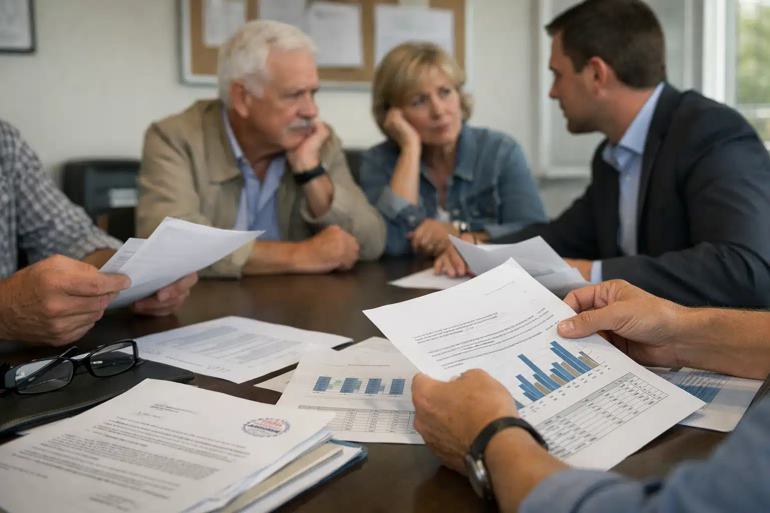 Conseiller financier discutant des graphiques avec un couple senior