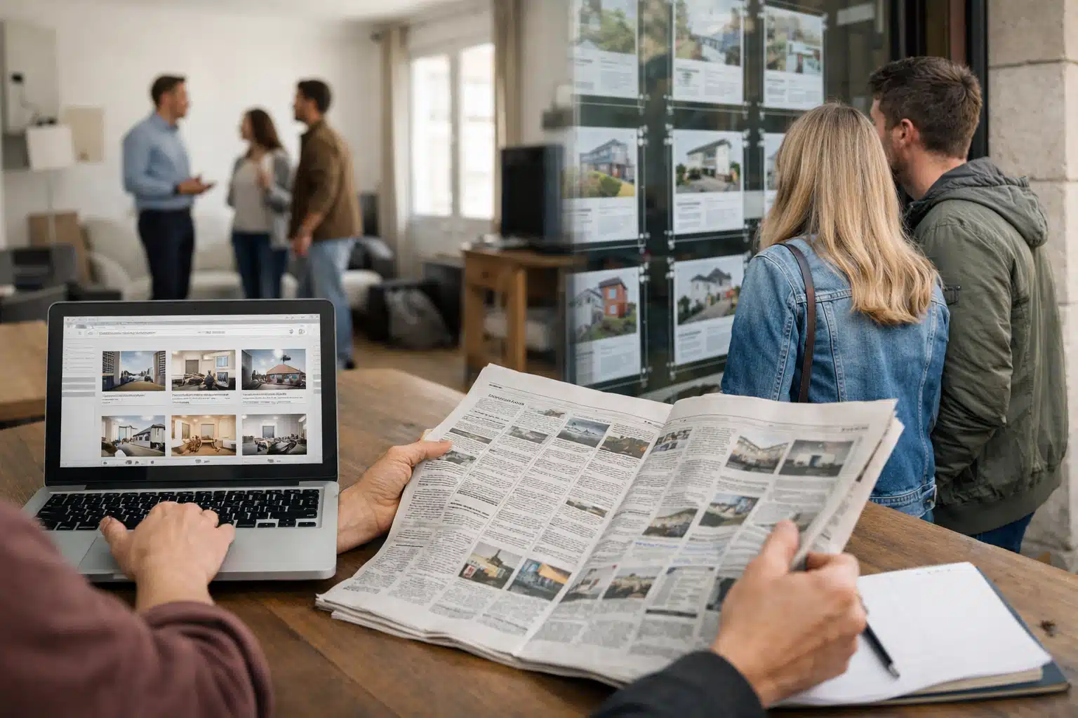 Personne lisant un journal d'annonces immobilières en agence