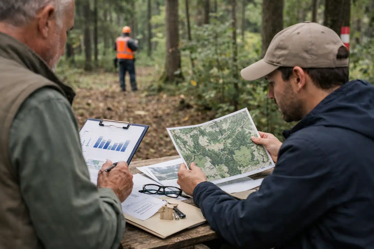 Deux hommes consultent des cartes sur une table en forêt