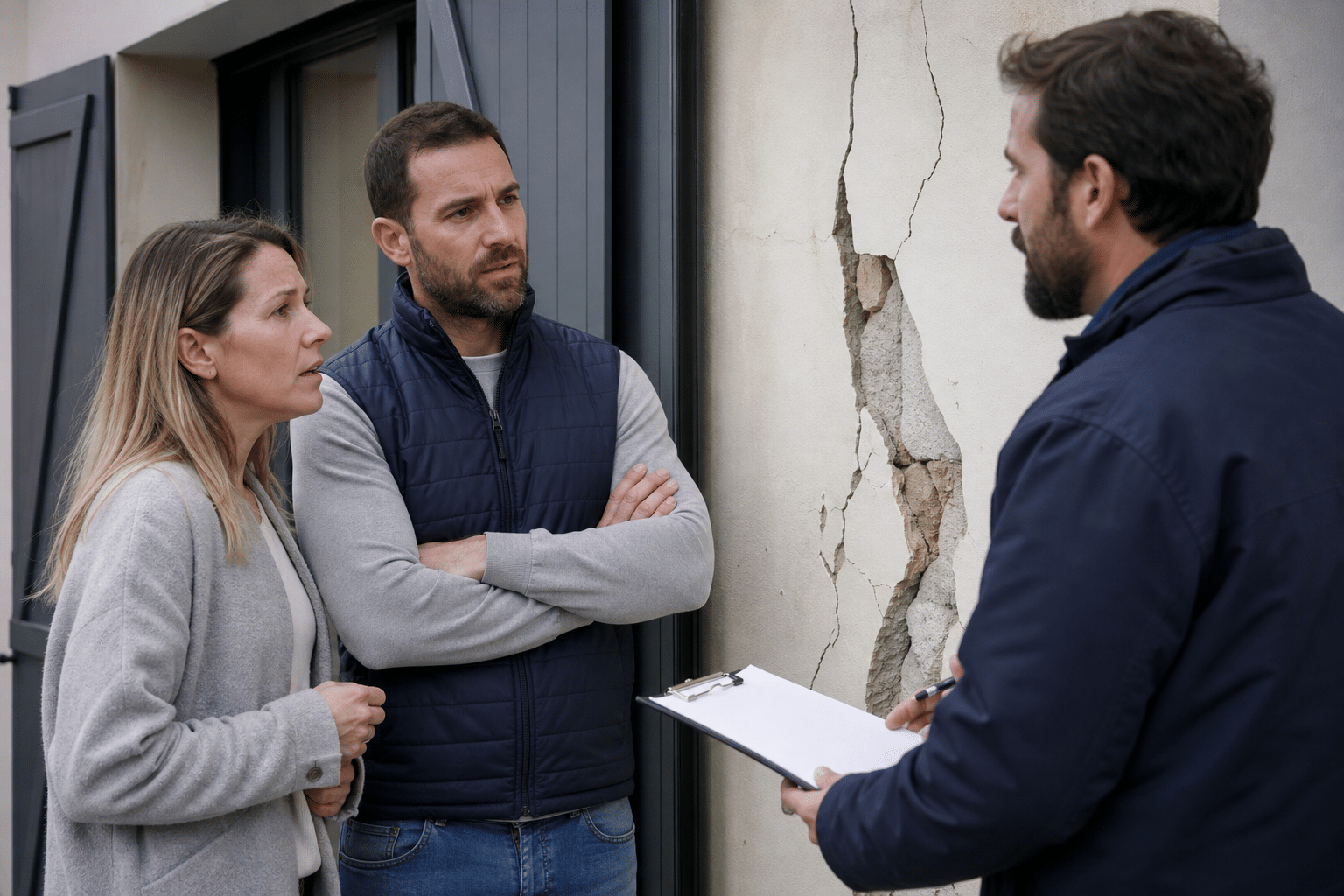 Couple écoutant un homme tenant un dossier devant un mur fissuré