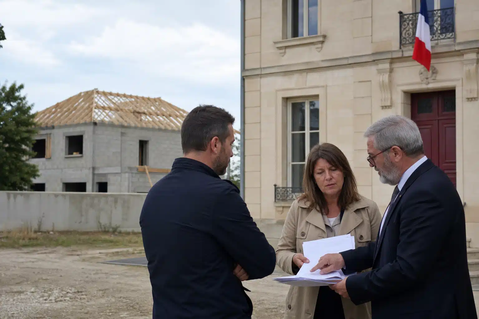 Trois personnes examinant des plans de construction