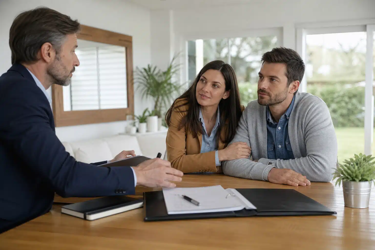 Couple discutant de documents avec un conseiller au bureau